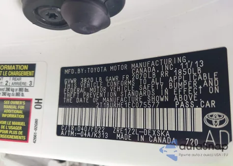 2014 Toyota Corolla S Plus from USA, damaged, VIN 2T1BURHE1EC075577